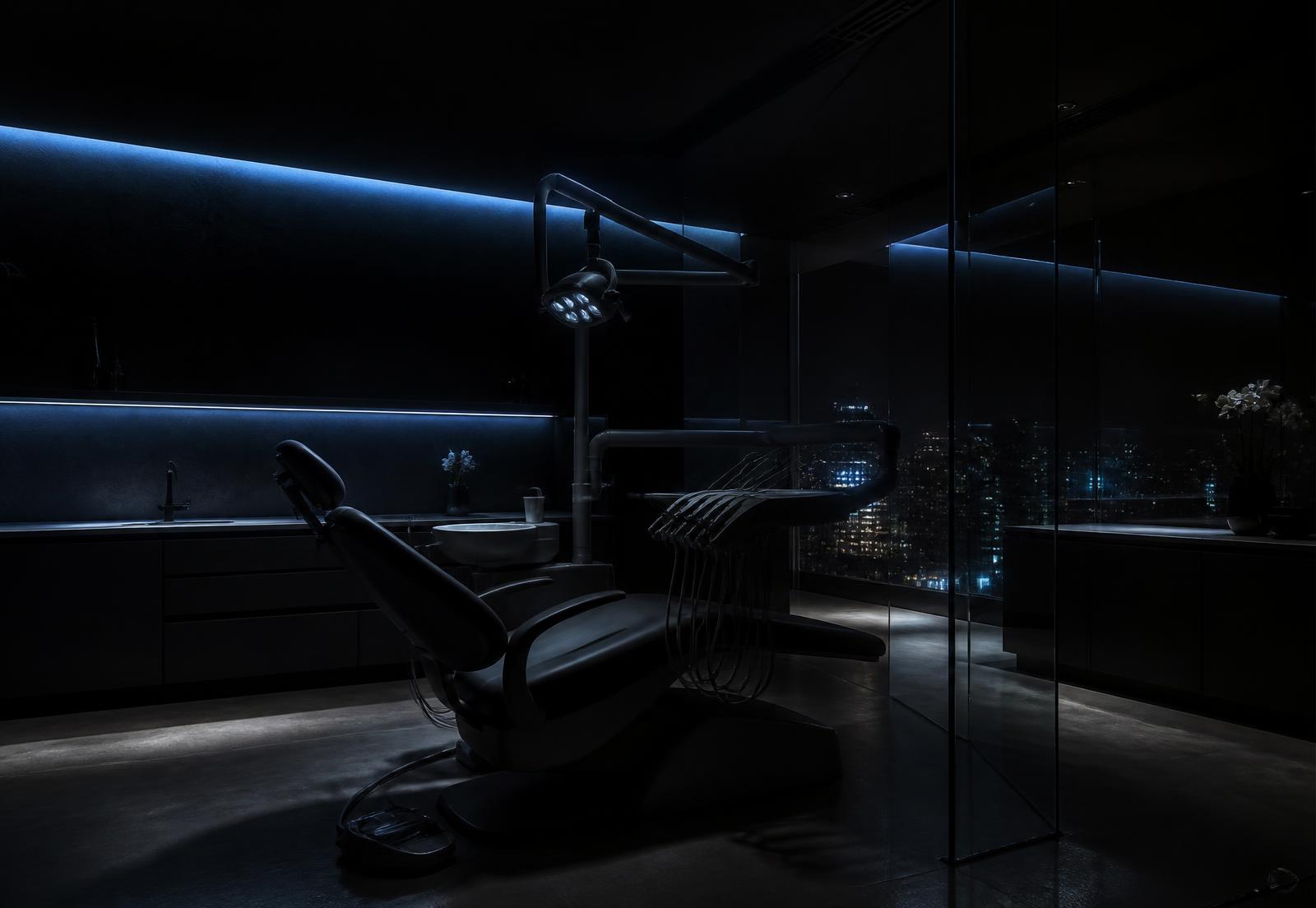 Modern dental treatment room lit with soft blue light